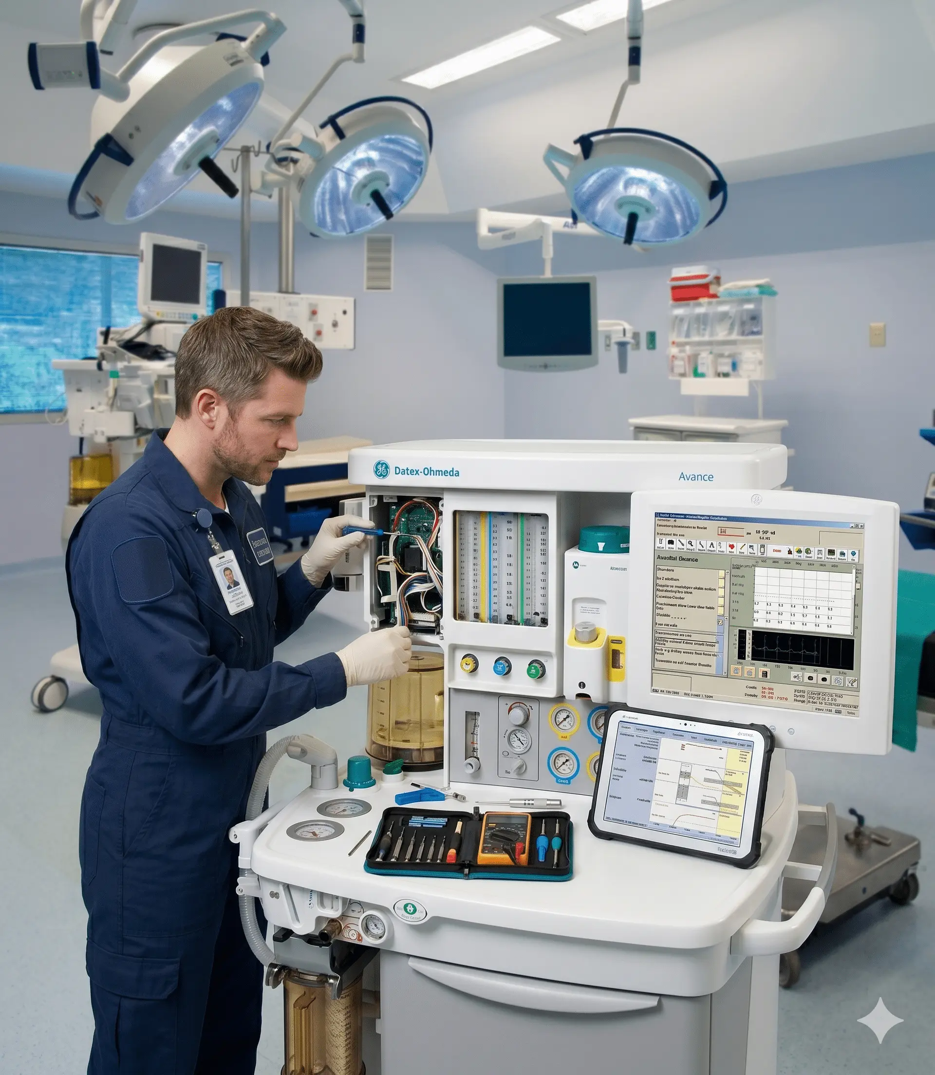 Mart Medical technician servicing an anesthesia machine for surgical facility consulting and OR build-out